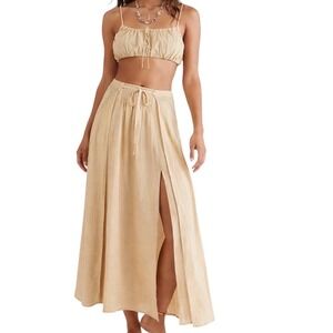 Free People The Prettiest Set  Boho Crop Top Maxi Skirt Lace Slit S